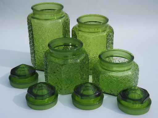 Vintage green glass daisy & button kitchen counter canister jars set