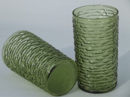 Vintage green glass pitcher & glasses set, retro Soreno crinkle glass
