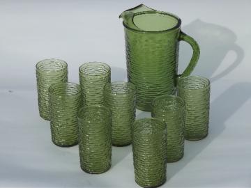 Vintage green glass pitcher & glasses set, retro Soreno crinkle glass