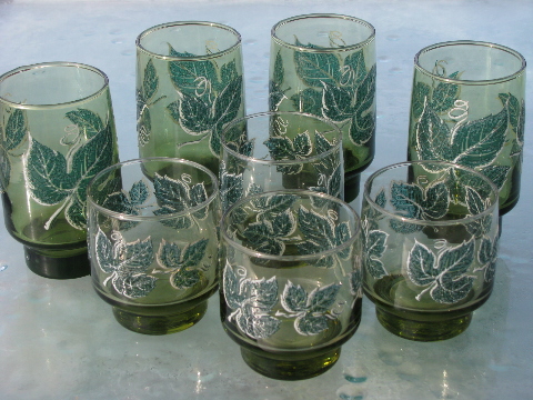 Vintage green ivy Libbey glasses, tall and short, mod accent shape