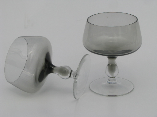 Vintage grey smoke crystal stemware, mod 60s 70s champagne glasses