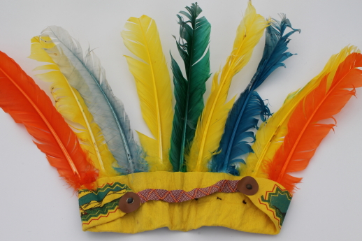 Vintage Halloween or cowboys & indians party costume, Indian chief war bonnet w/ turkey feathers