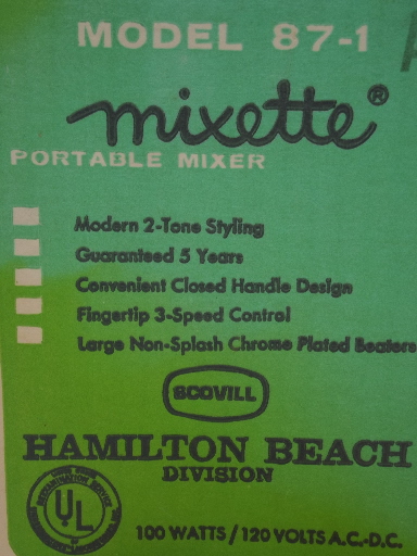 Vintage Hamilton Beach mixer, model 87 Mixette hand held mixer in box