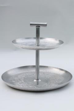 Vintage hammered aluminum two-tiered plate, sandwich serving tray w/ center handle