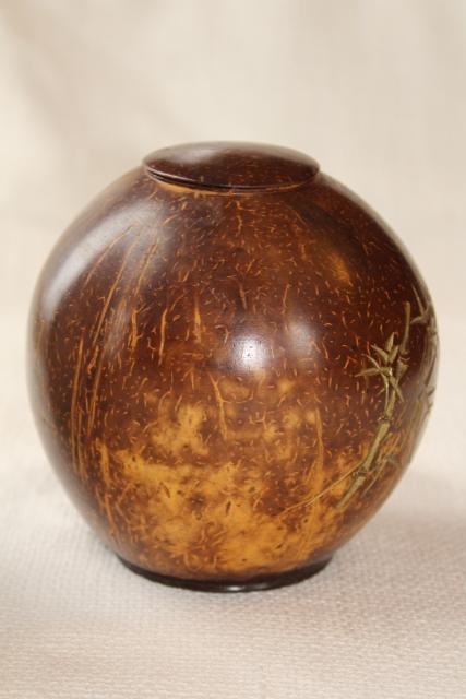 vintage hand carved gourd bowl w/ lid, bamboo design covered jar storage container 