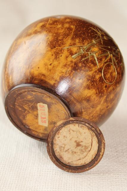 vintage hand carved gourd bowl w/ lid, bamboo design covered jar storage container 