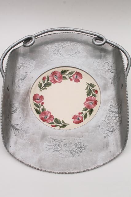 vintage hand wrought aluminum basket w/ china plate, retro hammered aluminum