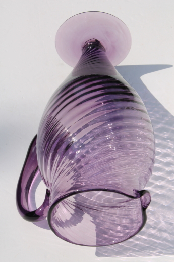 Vintage hand-blown art glass pitcher, tall martini pitcher in retro purple