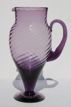 Vintage hand-blown art glass pitcher, tall martini pitcher in retro purple