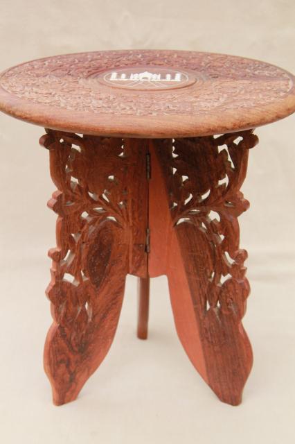 vintage hand-carved Indian sheesham wood table w/ folding stand, Taj