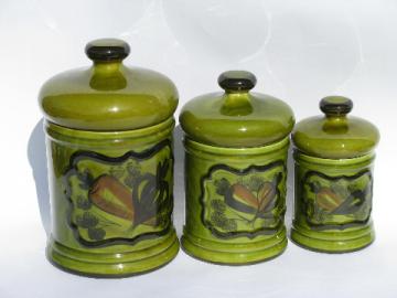 Vintage hand-painted rustic pottery kitchen canisters, retro avocado green