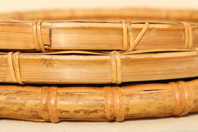 vintage herb drying baskets, round flat woven bamboo trays in graduated sizes