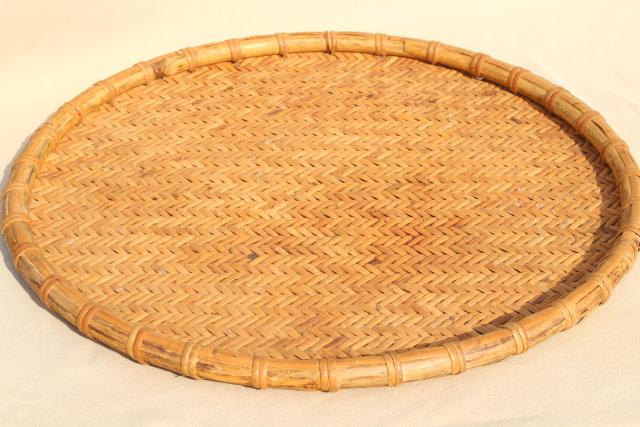 vintage herb drying baskets, round flat woven bamboo trays in graduated sizes