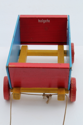 Vintage Holgate wooden wagon, blue & red painted wood pull toy tip cart