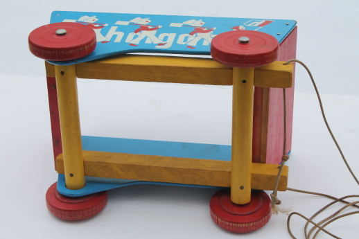 Vintage Holgate wooden wagon, blue & red painted wood pull toy tip cart