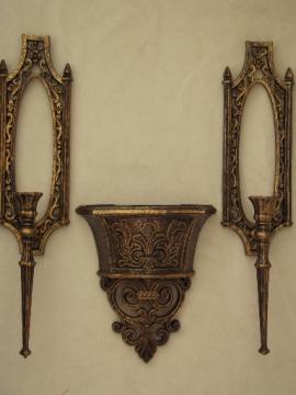 Vintage Homco gold rococo plastic wall art, candle sconces & wall vase