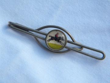 Vintage horse & jockey racing tie bar/money clip reverse painted intaglio