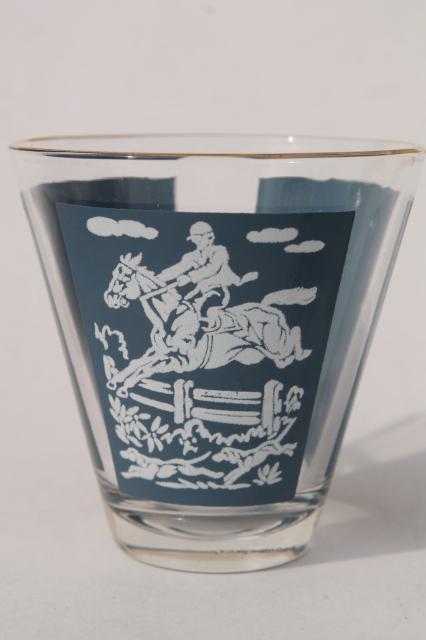 vintage hunt scene drinking glasses, jasperware blue & white print Jeannette glass
