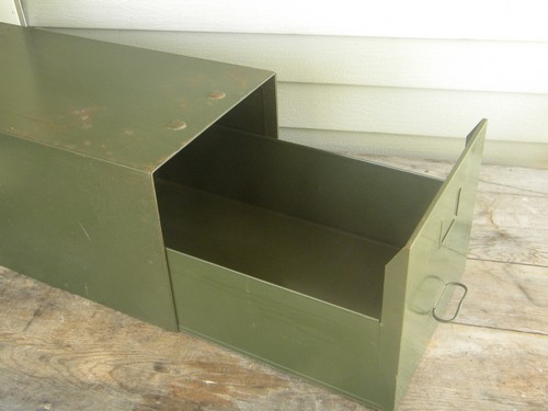 Vintage industrial office file cabinet box, olive drab steel single drawer