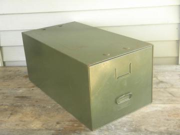 Vintage industrial office file cabinet box, olive drab steel single drawer