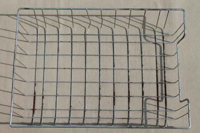 vintage industrial wire basket paper trays, business office desk in/out baskets