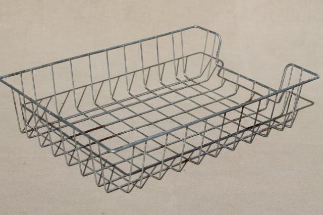 vintage industrial wire basket paper trays, business office desk in/out baskets