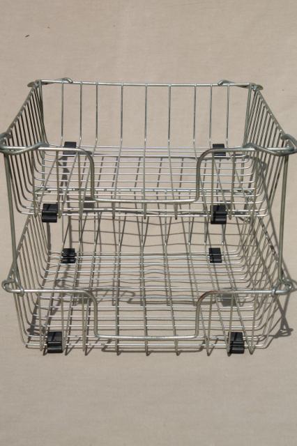 vintage industrial wire basket paper trays, stacking in/out baskets