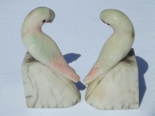 Vintage Italian alabaster marble bookends, carved stone parrot birds