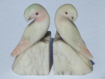 Vintage Italian alabaster marble bookends, carved stone parrot birds