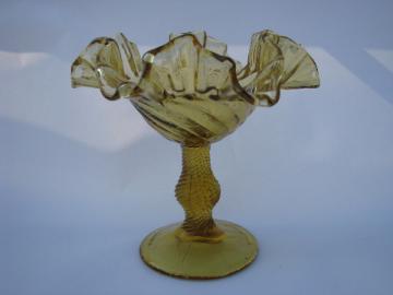 Vintage Italian hand-blown glass ruffled candy dish, amber honey color