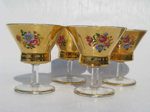 Vintage Italy art glass decanter bottle & glasses, metallic gold / floral