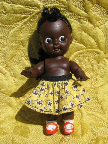 Vintage Japan little black carnival baby doll, small girl w/ red shoes
