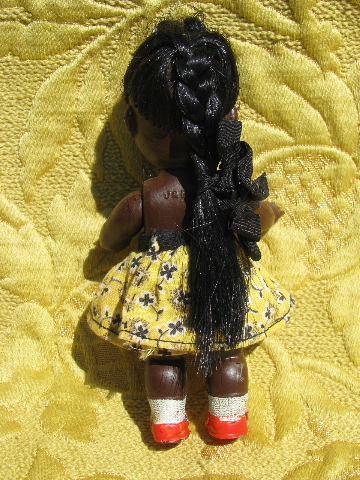 Vintage Japan little black carnival baby doll, small girl w/ red shoes