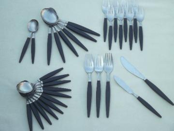 Vintage Japan stainless flatware w/ mod black handles, MCM silverware lot