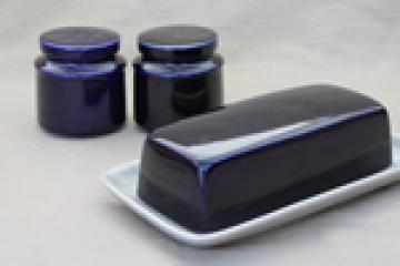 Vintage Japan stoneware pottery, cobalt  blue / tan butter dish and S&P shakers
