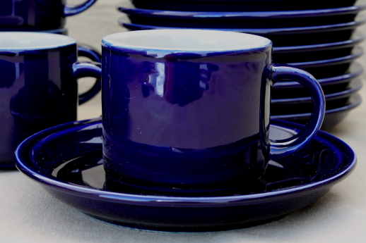 Vintage Japan stoneware pottery, cobalt blue / tan cups and saucers set of 12