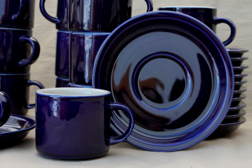Vintage Japan stoneware pottery, cobalt blue / tan cups and saucers set of 12