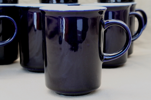Vintage Japan stoneware pottery, cobalt blue / tan tea or coffee mugs set of 12