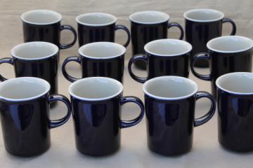 Vintage Japan stoneware pottery, cobalt blue / tan tea or coffee mugs set of 12