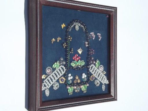 Vintage jewelry and buttons collage framed shadowbox picture, flower basket