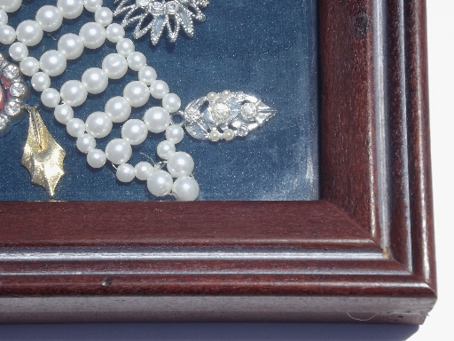 Vintage jewelry and buttons collage framed shadowbox picture, flower basket