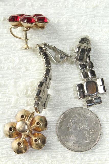 vintage jewelry lot, Weiss screw back & clip on earrings w/ rhinestones, creamed spinach bakelite