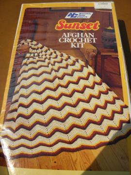 Vintage kit afghan blanket to crochet, autumn colors acrylic yarn