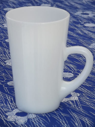 Vintage kitchen milk glass tall cups, mug handled tumblers set of 8