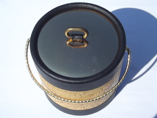 Vintage Kraftware ice bucket, retro 70s cork & mod black leatherette