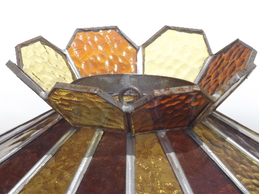 Vintage leaded glass lamp shade, amber stained glass shade for ceiling light