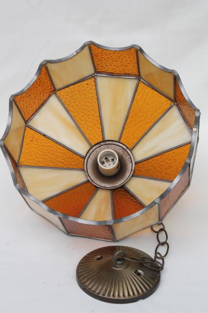 vintage leaded glass shade light fixture, amber stained glass pendant hanging lamp 