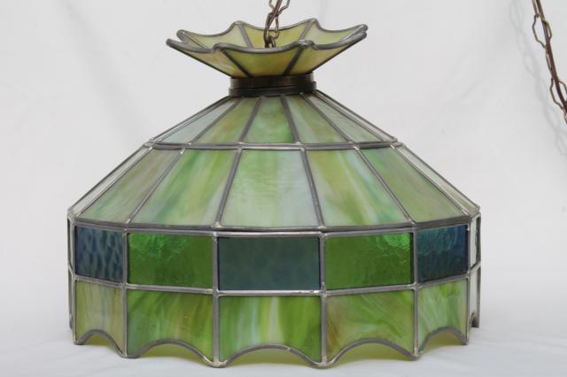 vintage leaded glass shade light fixture, green stained glass pendant hanging lamp