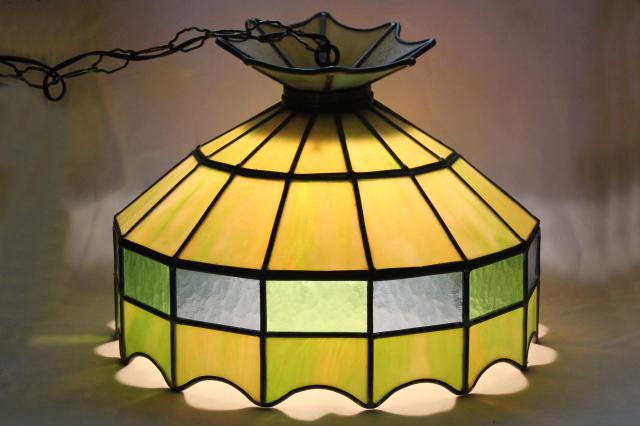 vintage leaded glass shade light fixture, green stained glass pendant