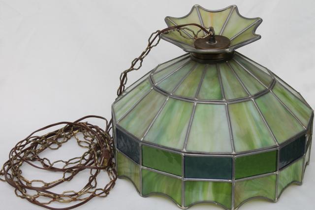 Vintage Leaded Glass Shade Light Fixture Green Stained Glass Pendant Hanging Lamp